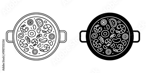 Shrimp paella dish icon set, outline and glyph style shrimp paella vector icons, traditional spanish rice meal with seafood and vegetables, top view meal.