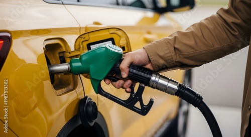 A persons hand in a brown jacket holding a green fuel nozzle to fill up a yellow cars gas tank at a station