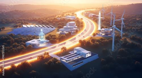 A futuristic cityscape with sustainable energy sources and modern architecture, featuring solar panels, wind turbines, and sleek buildings along a winding road at sunset