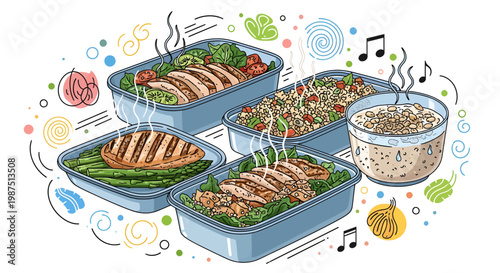 Healthy Meal Prep Illustration Set with Grilled Chicken and Asparagus, Weekly Food Container Design for Fitness Diet, Organic Nutrition Graphics for Wellness and Catering Branding