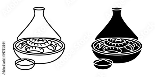 Savory tagine with sausages and fluffy couscous, served with a side of sauce, vector illustration, Middle Eastern culinary delight.