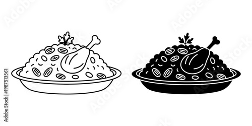 Hearty chicken and rice pilaf, garnished with fresh herbs, served on a decorative platter, vector illustration, classic comfort food.