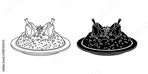 Valokuva Festive platter of chicken and rice, adorned with spices and herbs, two chicken legs crowning the dish, vector art, celebratory meal presentation