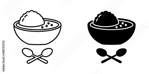 Rice ball in soup bowl with crossed spoons icon set in outline and black filled version for asian cuisine restaurant menu design and food delivery branding elements isolated on white background.