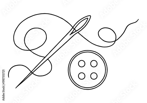 Needle with thread and button. Sewing and clothing repair workshop. Seamstress, tailor, clothing designer.