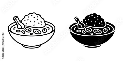 Rice and chicken stew bowl icon set featuring drumstick and vegetables in outline and silhouette styles for traditional meal menu design and ethnic restaurant branding isolated on white background.