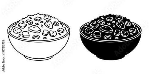 Vegetable salad bowl icon set in perspective view with outline and black filled versions for healthy eating menu design and vegan restaurant branding elements isolated on white background for apps.