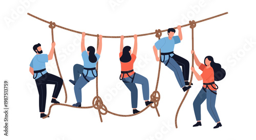 Group of Diverse People Climbing Rope Bridge in Team Building Activity