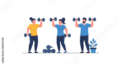 Group of Diverse People Exercising with Dumbbells and Weights