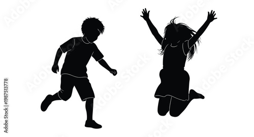 Joyful children jumping a dynamic silhouette on transparent background