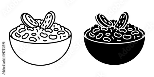 Bowl of healthy oatmeal porridge with sliced banana topping vector illustration in line and flat solid silhouette style for morning breakfast meal healthy eating organic vegan food icon collection.