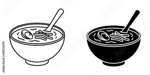 Bowl of ramen noodle soup with egg and toppings vector illustration in line and solid silhouette styles for japanese cuisine restaurant menu design asian food icon isolated on white background art.