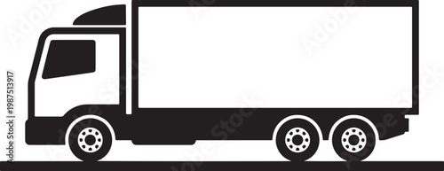 Black and white silhouette of a box truck with a blank cargo container, viewed from the side also transparent background
