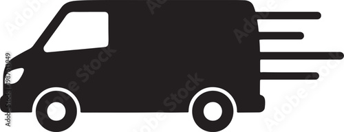 Black silhouette of a delivery van with motion blur lines indicating speed also transparent background