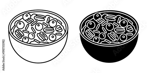 Bowl of crunchy granola with berries and nuts presented in line art and solid black icon style symbolizing breakfast cereal and healthy morning meal options.