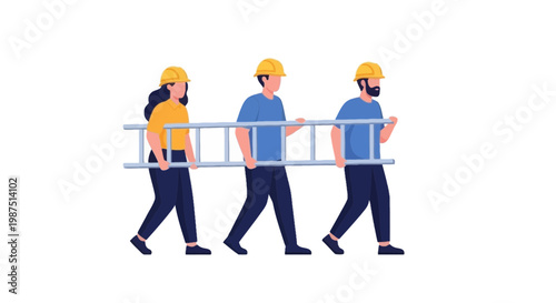 Construction Workers Carrying a Large Beam in Safety Helmets