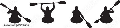 Four black silhouettes of kayakers in various paddling poses on a white background, also transparent background