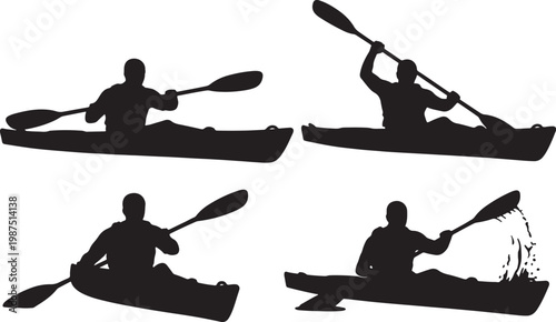 Four silhouettes of kayakers paddling in different poses, one splashing water also transparent background