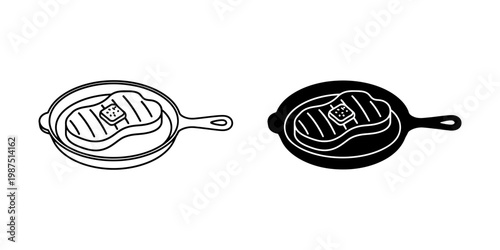 Grilled steak with butter in frying pan, presented in outline and solid black styles, ideal for representing cooked meat dishes.