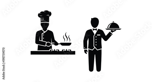 Chef cooking and waiter serving a culinary pair on transparent background silhouette
