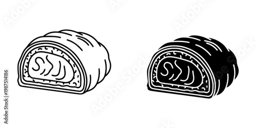 Rolled sushi piece with filling shown in outline and silhouette, a classic Japanese food item with rice and seaweed for gastronomy.