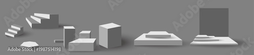 Minimal 3D abstract geometric podium and platform shapes collection. White display stands, stairs and blocks for product presentation, stage mockup and modern showcase background design