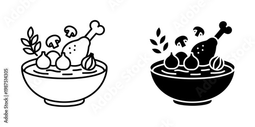 Chicken soup or stew bowl icon set featuring meat drumstick with mushrooms onions and herbs in line and silhouette styles for home cooking recipes and restaurant menu design isolated on white.