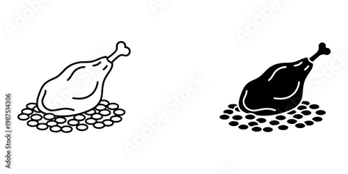 Roasted chicken leg on bed of rice or lentils icon set featuring meat drumstick with grain side dish in line and silhouette styles for poultry cooking and restaurant menu illustration design.