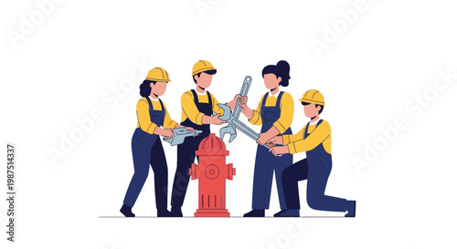 Team of Construction Workers Inspecting a Fire Hydrant Collaboration
