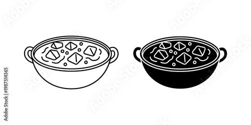 Indian paneer butter masala bowl line and solid icon set featuring traditional cheese cubes in spicy gravy for asian restaurant menu design web element graphic illustration isolated on white back.