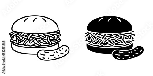 Pulled pork burger icon with pickle slice side in outline and silhouette styles for fast food cafe branding gourmet sandwich shop menus and street food truck advertising materials and logos.