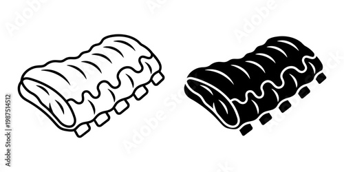 Barbecue ribs icon set showing smoked pork or beef rack in hand drawn outline and flat silhouette versions for smokehouse branding grill house menus and southern style barbecue restaurant posters.