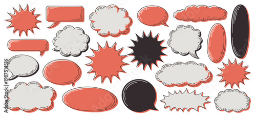 Set of various comic book speech bubbles in coral gray and dark charcoal colors with hand drawn outlines and drop shadows on a white background