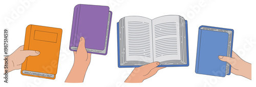 Four human hands holding various books including an open book with visible pages and three closed books in orange purple and blue colors isolated on a white background