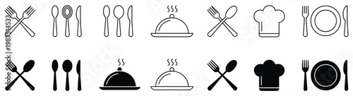 Set of restaurant and kitchen featuring crossed forks spoons and knives cloche food covers chefs hats and place settings in both black outline and solid black silhouette styles