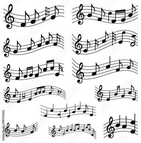 Set of eleven black musical staff segments with various notes and treble clefs isolated on a white background featuring wavy lines and rhythmic notation symbols in a flat style