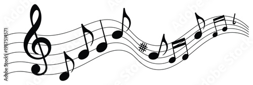 Black musical notes and treble clef on a flowing five line staff isolated on a white background stave