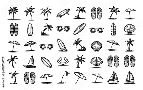 Summer beach symbols collection featuring surfboards palm trees sailboats flip flops and sunglasses in vintage hand drawn style for tropical vacation posters and seasonal greeting cards.