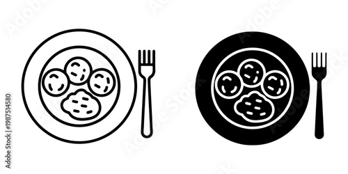 Spaghetti with meatballs icon design in outline and solid versions for italian pasta restaurant menu or cooking school branding projects showing noodles topped with delicious meat and sauce art.