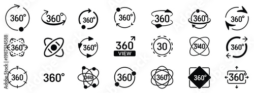 Collection of black 360 degree view featuring circular arrows rotation symbols spherical orbits and panoramic perspective signs on a white background