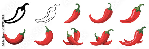 Set of red chili pepper including solid black silhouettes linear outlines and flat colored of single and crossed spicy vegetables on a white background
