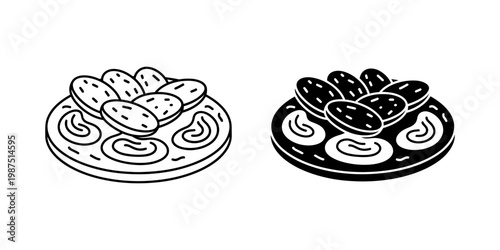 Meatball dish icon set featuring plate with protein balls mashed potatoes and cutlery in outline and glyph styles for swedish cuisine marketing materials or food court menu display background.