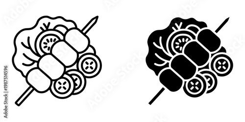 Meatloaf icon collection showing meat loaf slice with sauce and potato garnish in outline and solid glyph styles for traditional american diner menu or home cooking blog illustrations project.