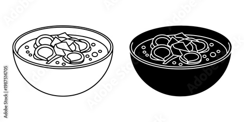A pair of bowls with soup and ravioli vector illustration with one bowl depicted in black and white line art and the other as a solid black silhouette.