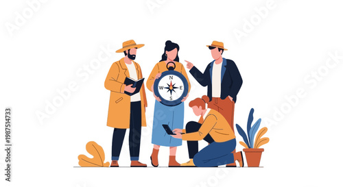 Group of Tourists with Map and Compass Planning Adventure