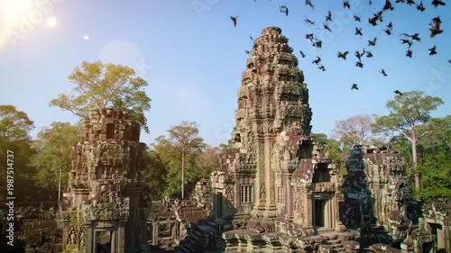 Bayon Temple's ancient face towers rise above the jungle canopy in Angkor Thom, Cambodia