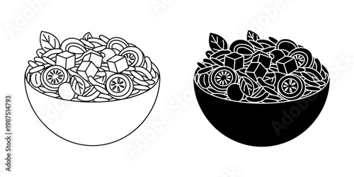 A pair of bowls with salad vector illustration with one bowl depicted in black and white line art and the other as a solid black silhouette.