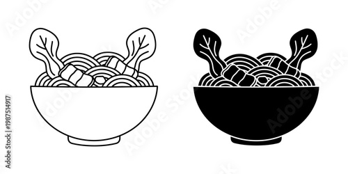 Asian noodle bowl icon with spinach and meat slices vector set featuring black line art and solid silhouette styles for professional menu design digital content isolated on clean white background.