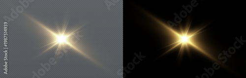 Realistic golden lens flare light effect with bright starburst and glowing rays. Sparkle flash and radiant sunlight glow isolated on transparent and black background. Perfect for overlays, visual effe