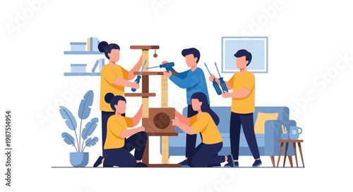 Family Enjoying Playful Interaction with Cat and Dog at Home